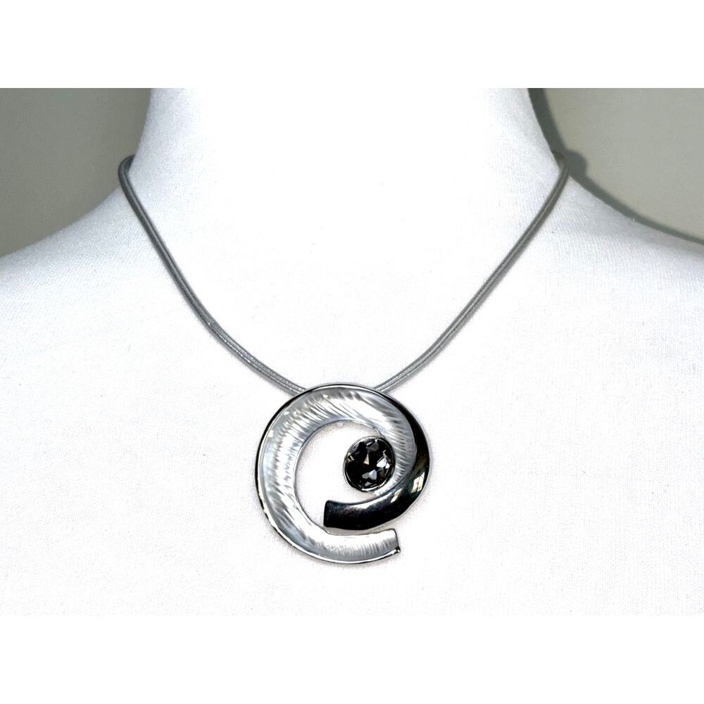 Silver Tone Textured Spiral Pendant Smoky Crystal Statement Necklace EUC